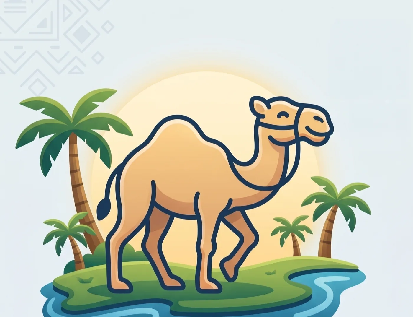 A smiling camel standing on a grassy island ringed by water and palm trees, with a warm low sun behind it